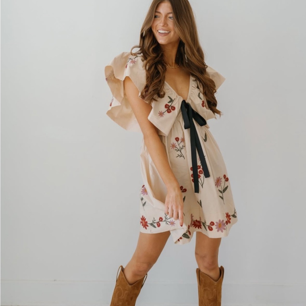 MARBLE Cream Floral Mini Dress with Black Accent